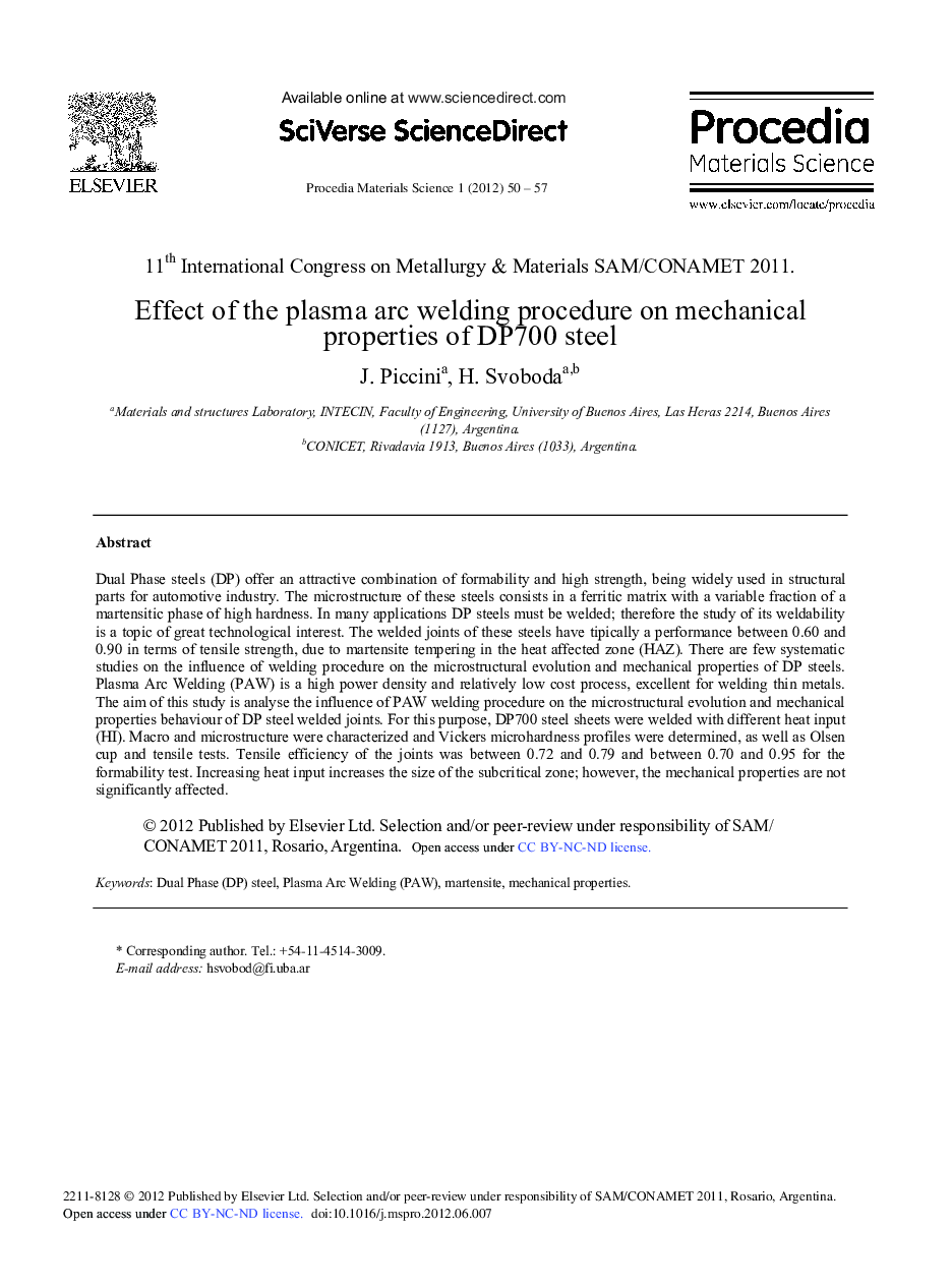Effect of the Plasma arc Welding Procedure on Mechanical Properties of DP700 Steel