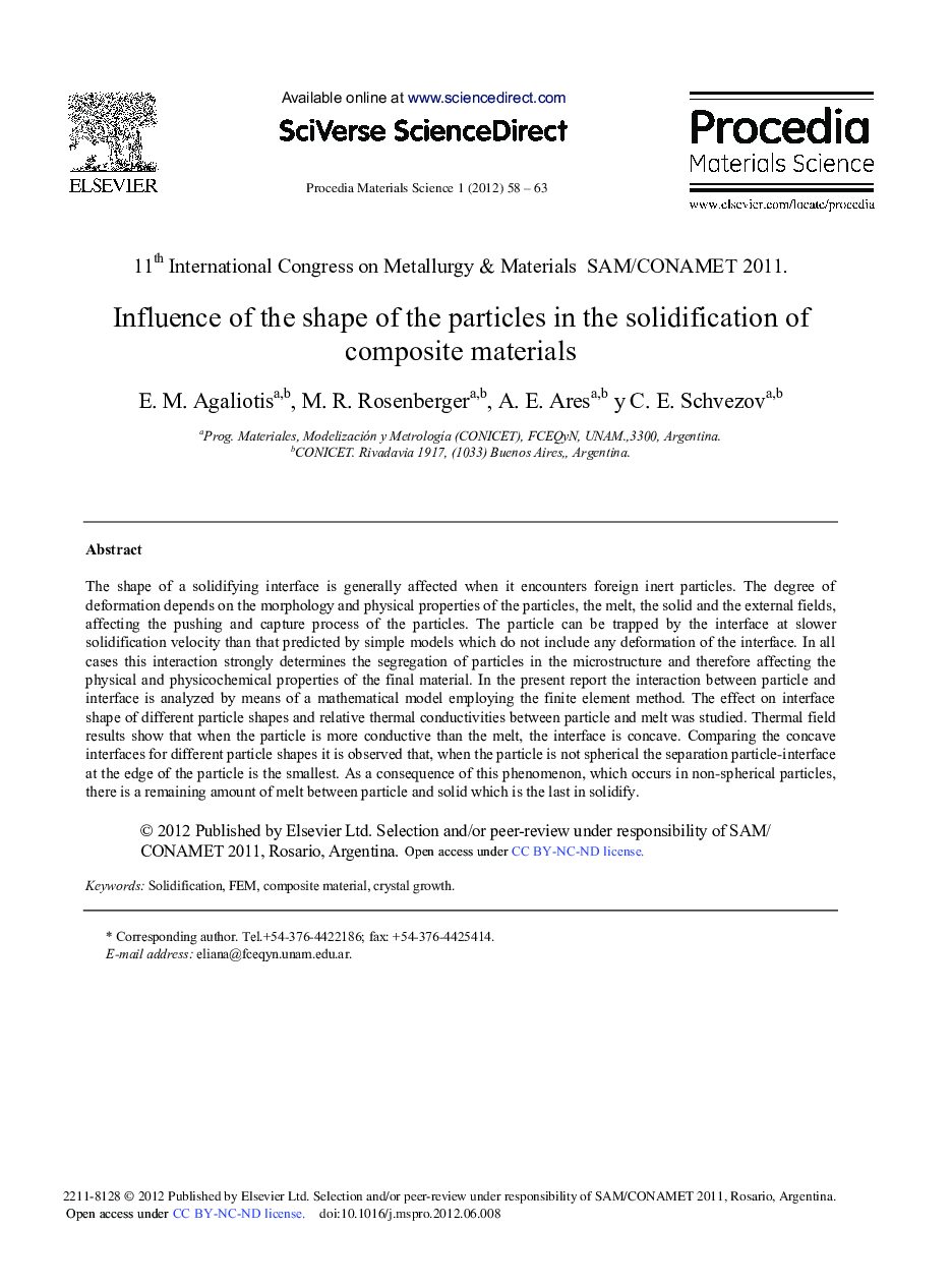 Influence of the Shape of the Particles in the Solidification of Composite Materials