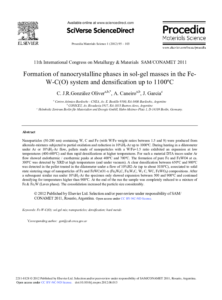 عکس صفحه اول مقاله: Formation of Nanocrystalline Phases in Sol-gel Masses in the Fe-W-C(O) System and Densification up to 1100°C Formation of Nanocrystalline Phases in Sol-gel Masses in the Fe-W-C(O) System and Densification up to 1100°C