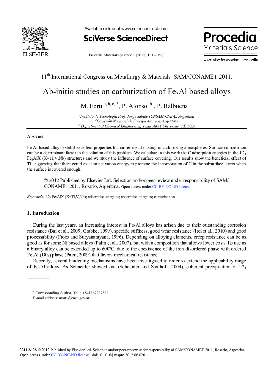 عکس صفحه اول مقاله: Ab-Initio Studies on Carburization of Fe3Al Based Alloys Ab-Initio Studies on Carburization of Fe3Al Based Alloys
