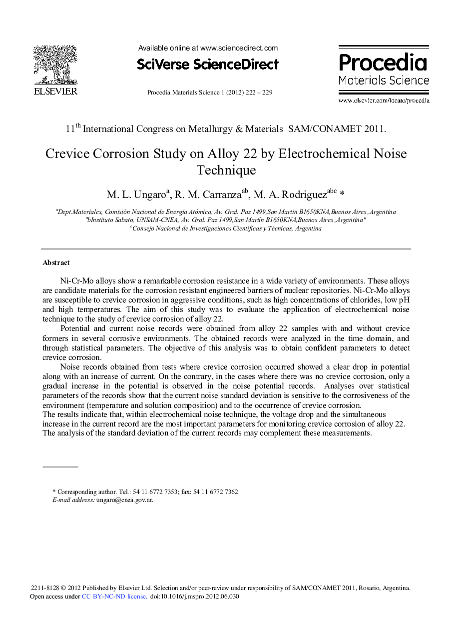 Crevice Corrosion Study on Alloy 22 by Electrochemical Noise Technique