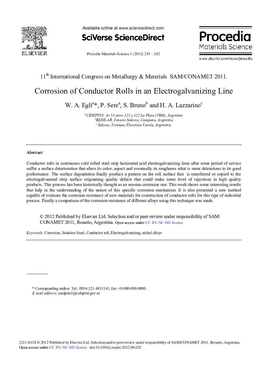 عکس صفحه اول مقاله: Corrosion of Conductor Rolls in an Electrogalvanizing Line Corrosion of Conductor Rolls in an Electrogalvanizing Line