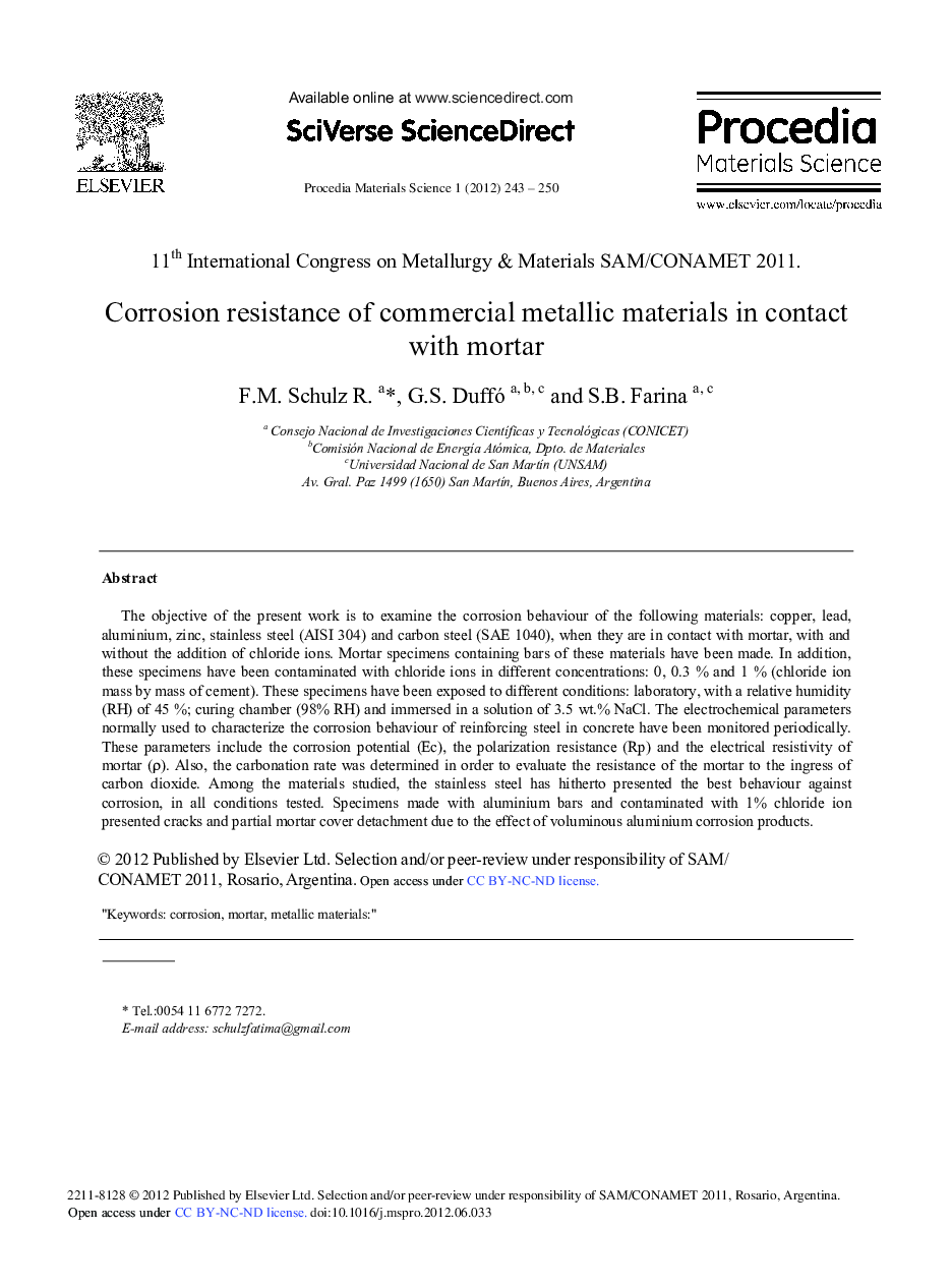 Corrosion Resistance of Commercial Metallic Materials in Contact with Mortar