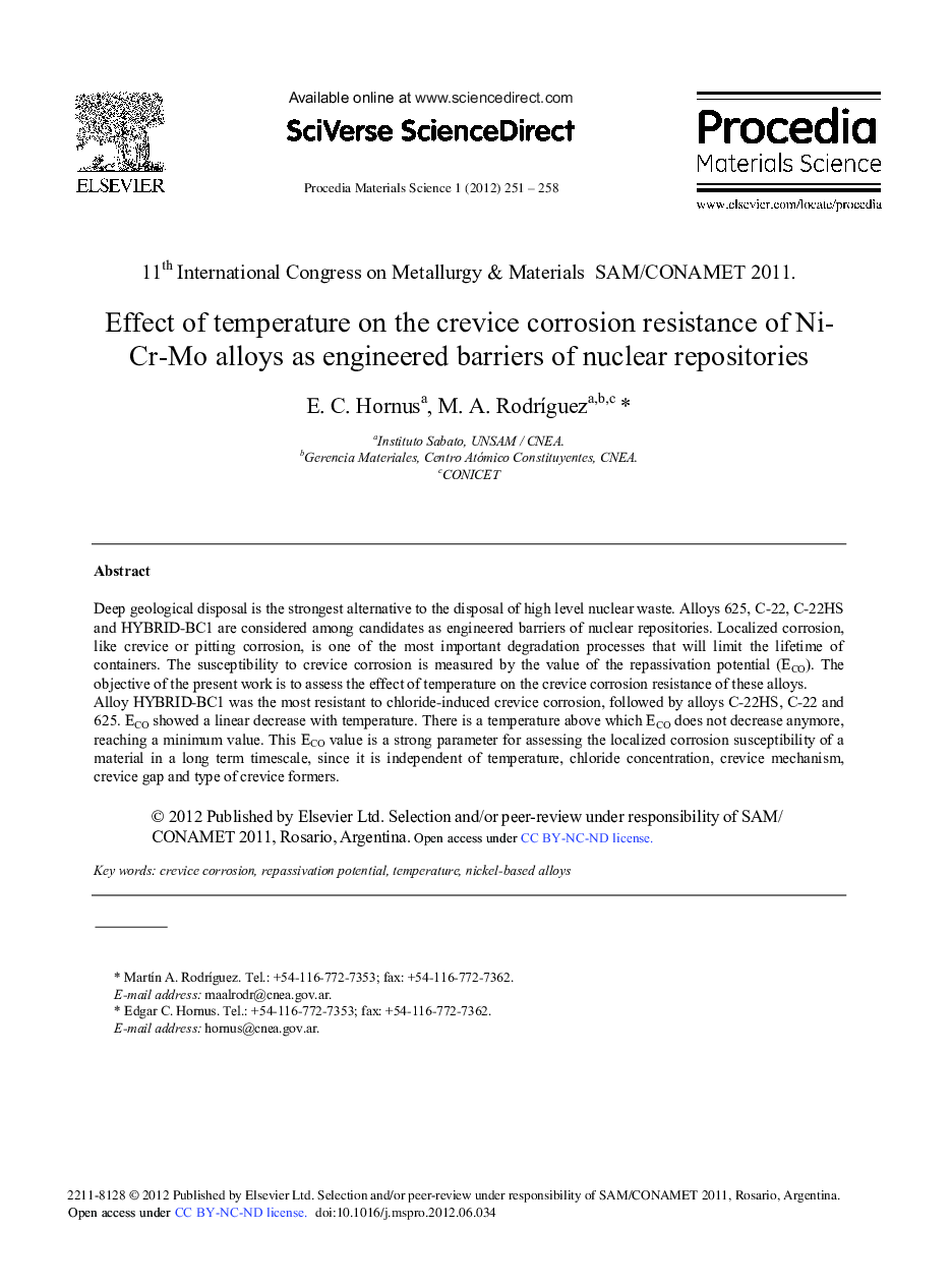 Effect of Temperature on the Crevice Corrosion Resistance of Ni-Cr-Mo Alloys as Engineered Barriers of Nuclear Repositories