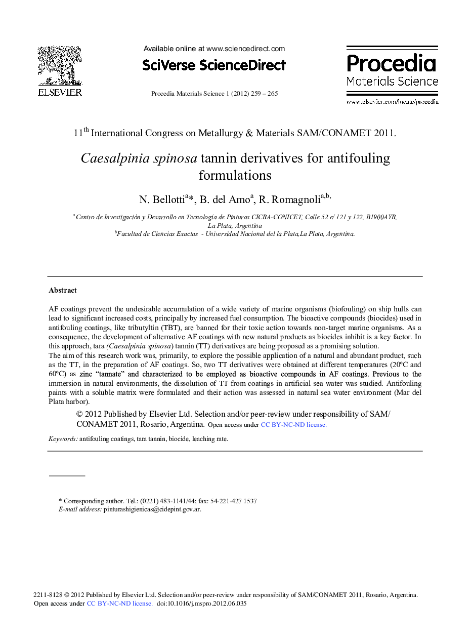 Caesalpinia Spinosa Tannin Derivatives for Antifouling Formulations
