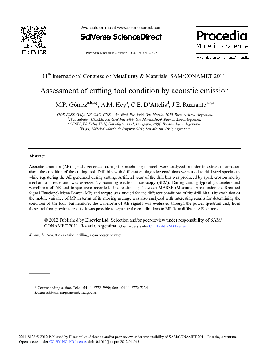 Assessment of Cutting Tool Condition by Acoustic Emission