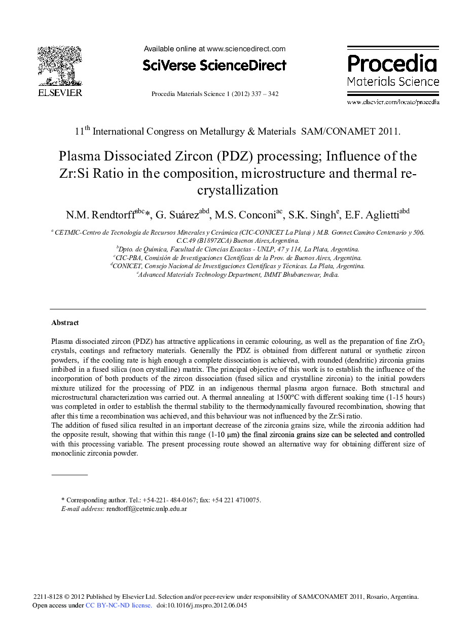 Plasma Dissociated Zircon (PDZ) Processing; Influence of the Zr:Si Ratio in the Composition, Microstructure and Thermal Re-Crystallization