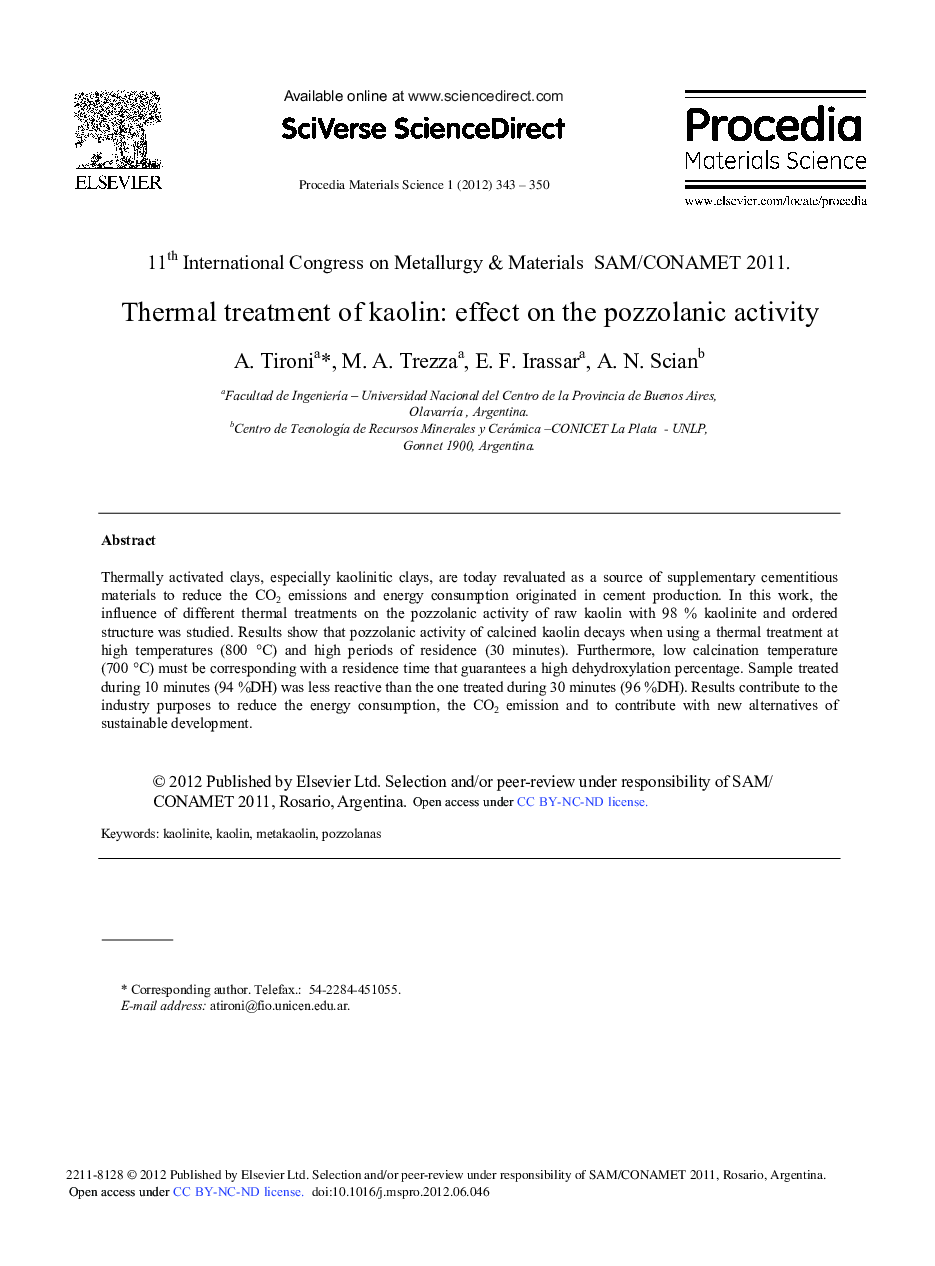 Thermal Treatment of Kaolin: Effect on the Pozzolanic Activity