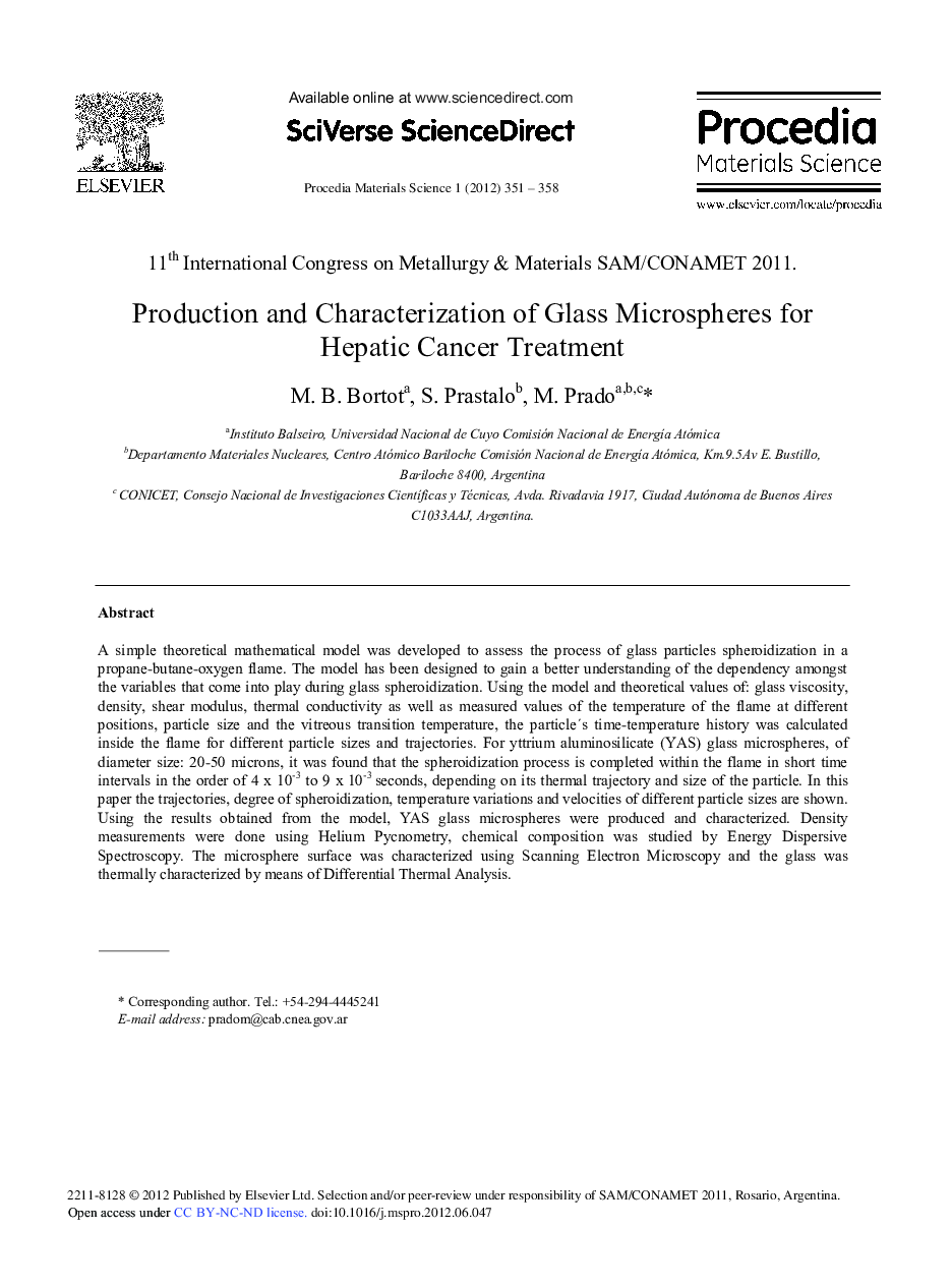 Production and Characterization of Glass Microspheres for Hepatic Cancer Treatment