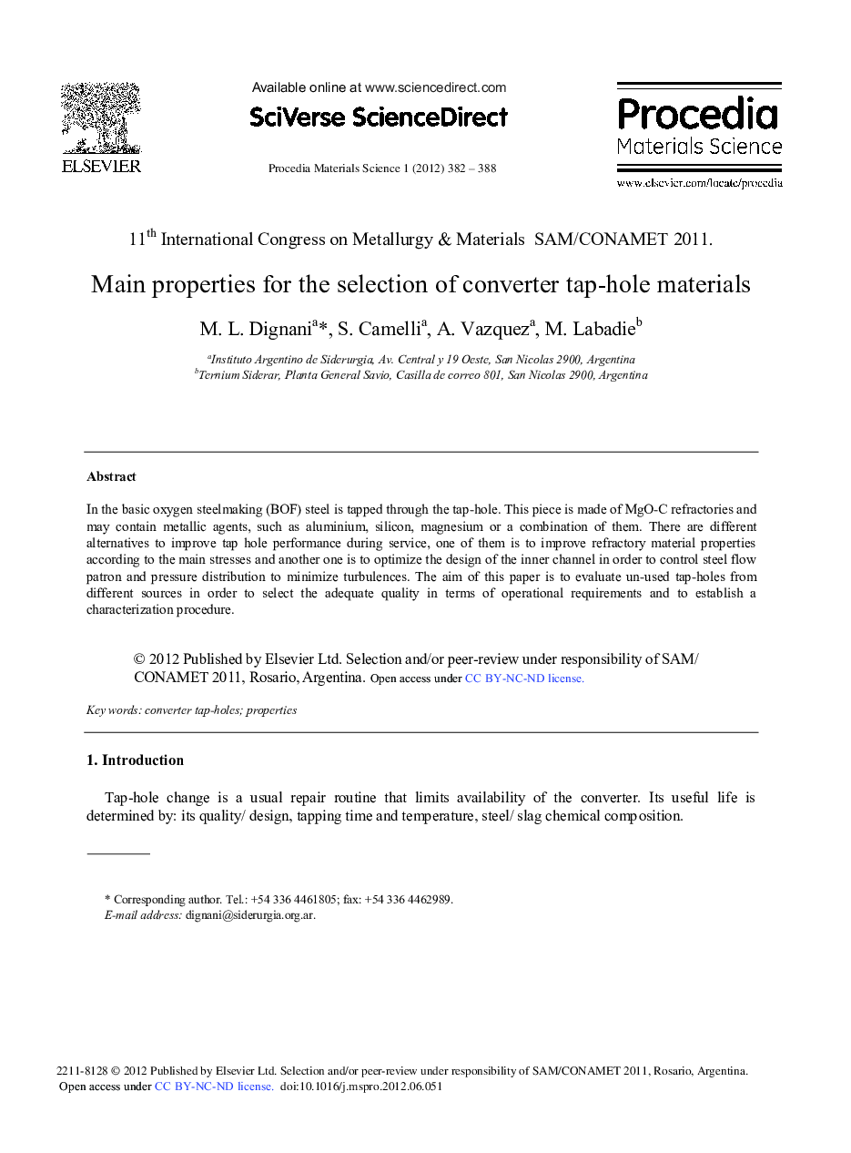 Main properties for the selection of converter tap-hole materials