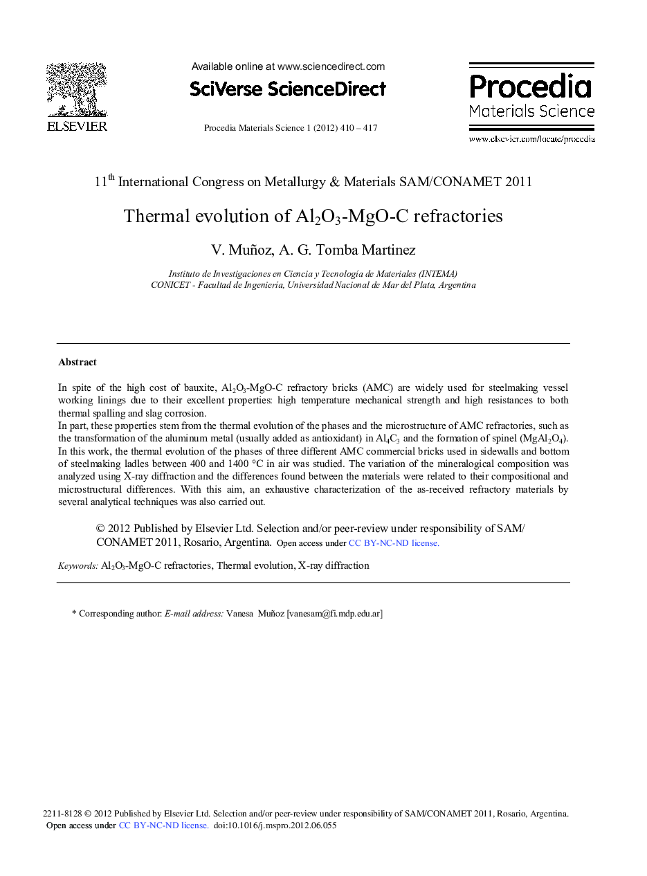 عکس صفحه اول مقاله: Thermal Evolution of Al2O3-MgO-C Refractories Thermal Evolution of Al2O3-MgO-C Refractories