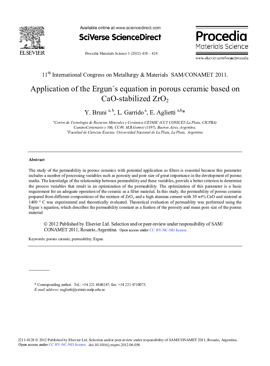 Application of the Ergun's Equation in Porous Ceramic Based on CaO-Stabilized ZrO2