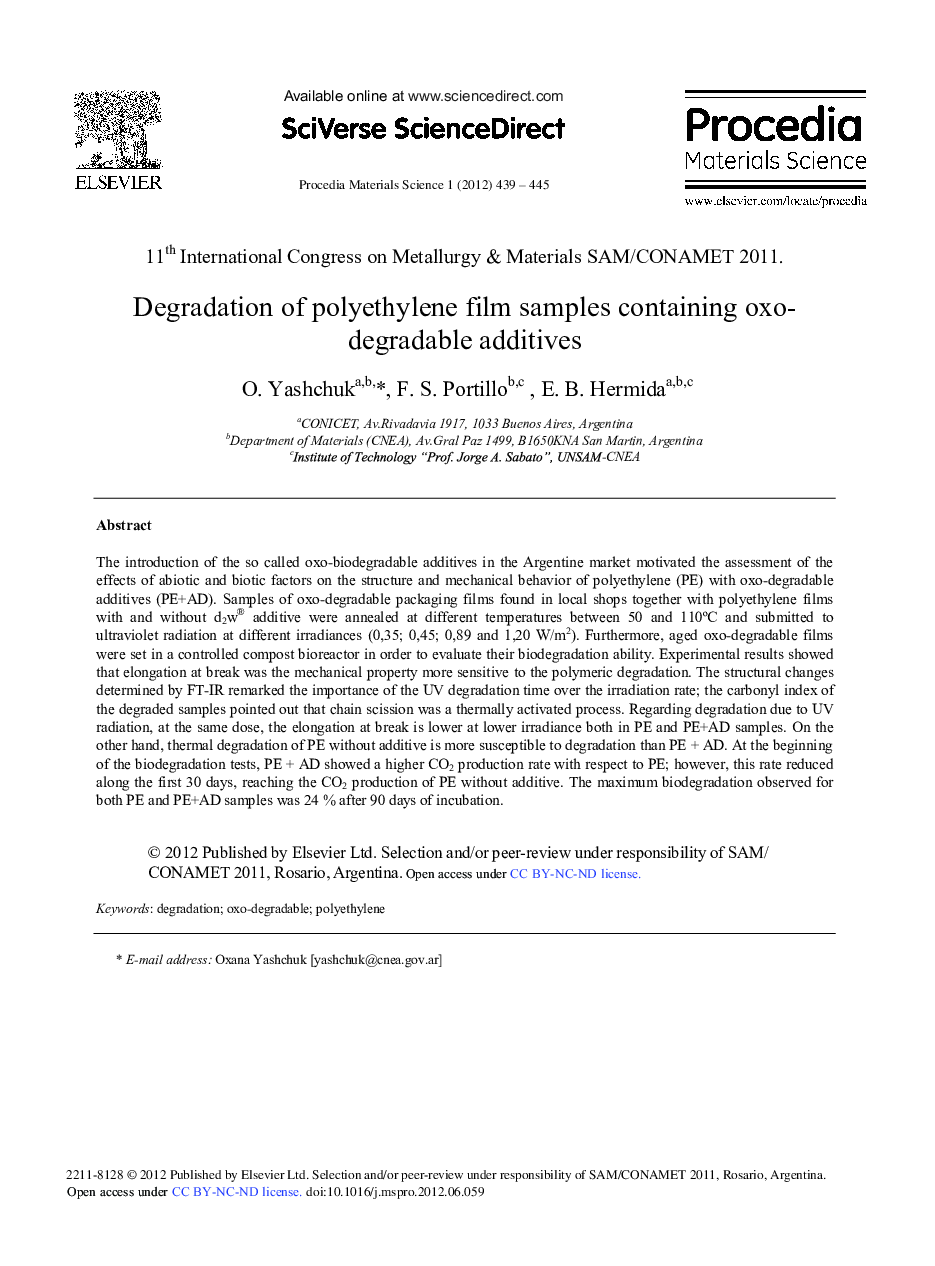 عکس صفحه اول مقاله: Degradation of Polyethylene Film Samples Containing Oxo-Degradable Additives Degradation of Polyethylene Film Samples Containing Oxo-Degradable Additives