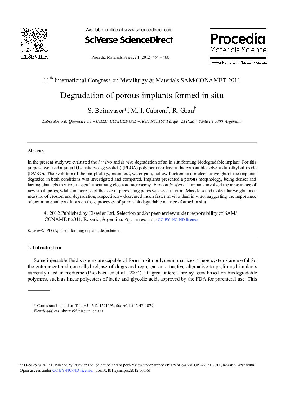 عکس صفحه اول مقاله: Degradation of Porous Implants Formed in Situ Degradation of Porous Implants Formed in Situ