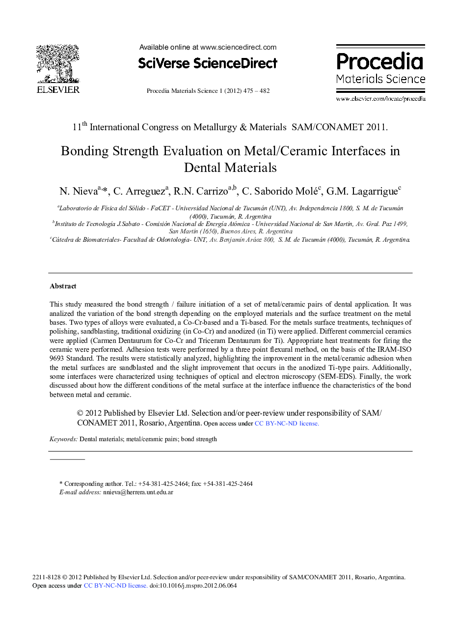عکس صفحه اول مقاله: Bonding Strength Evaluation on Metal/Ceramic Interfaces in Dental Materials Bonding Strength Evaluation on Metal/Ceramic Interfaces in Dental Materials