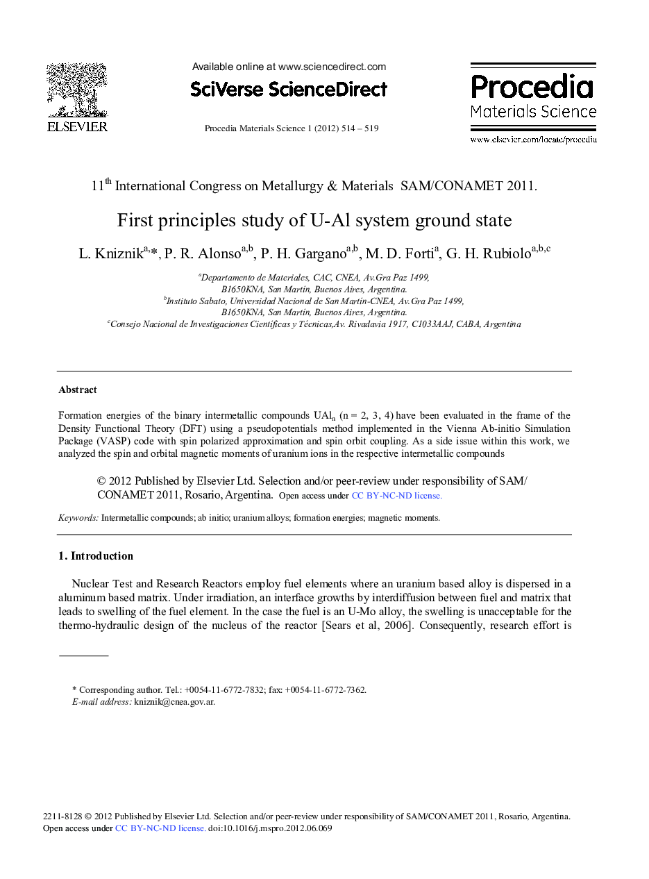 عکس صفحه اول مقاله: First Principles Study of U-Al System Ground State First Principles Study of U-Al System Ground State