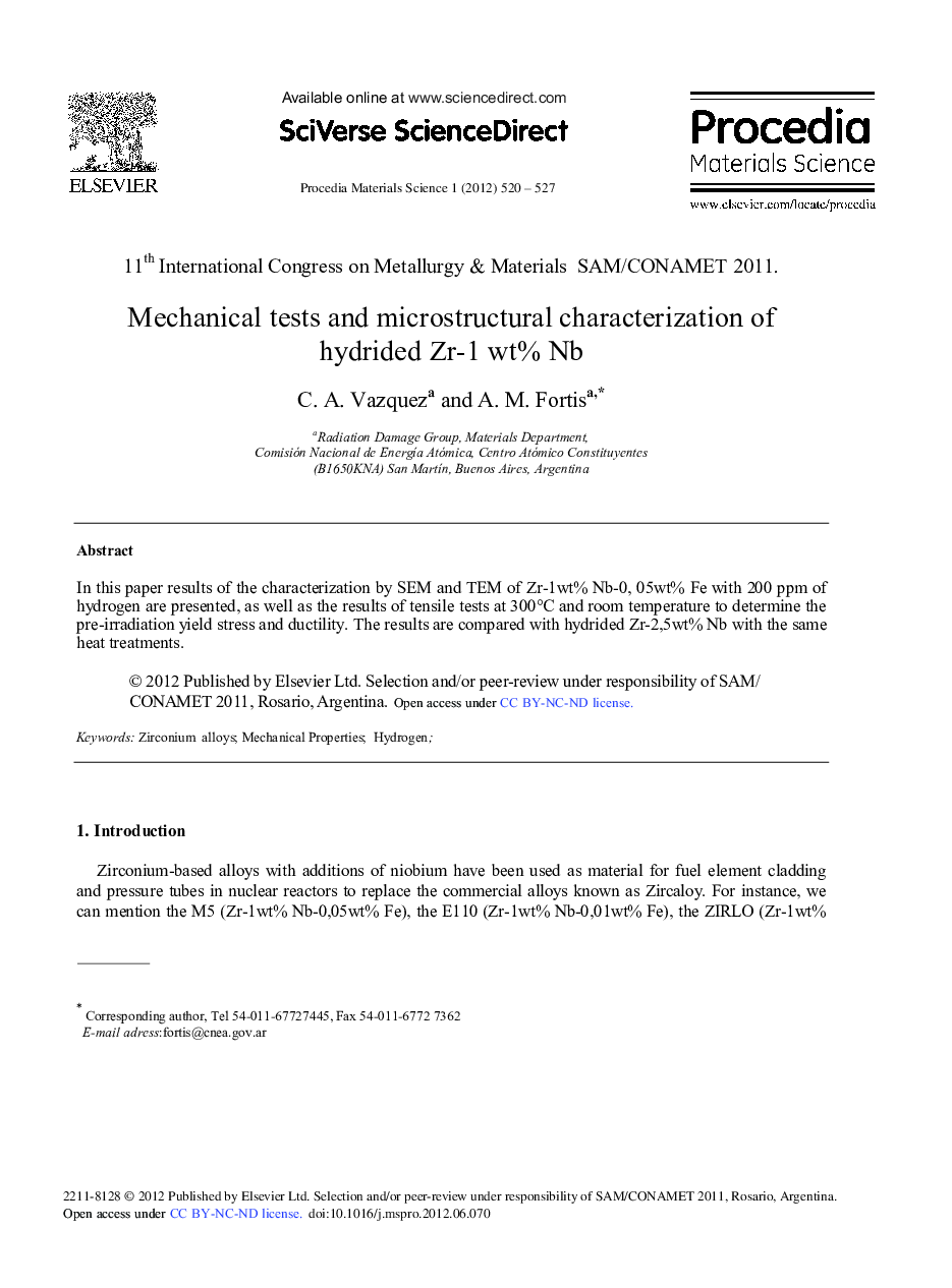 Mechanical Tests and Microstructural Characterization of Hydrided Zr-1 wt% Nb