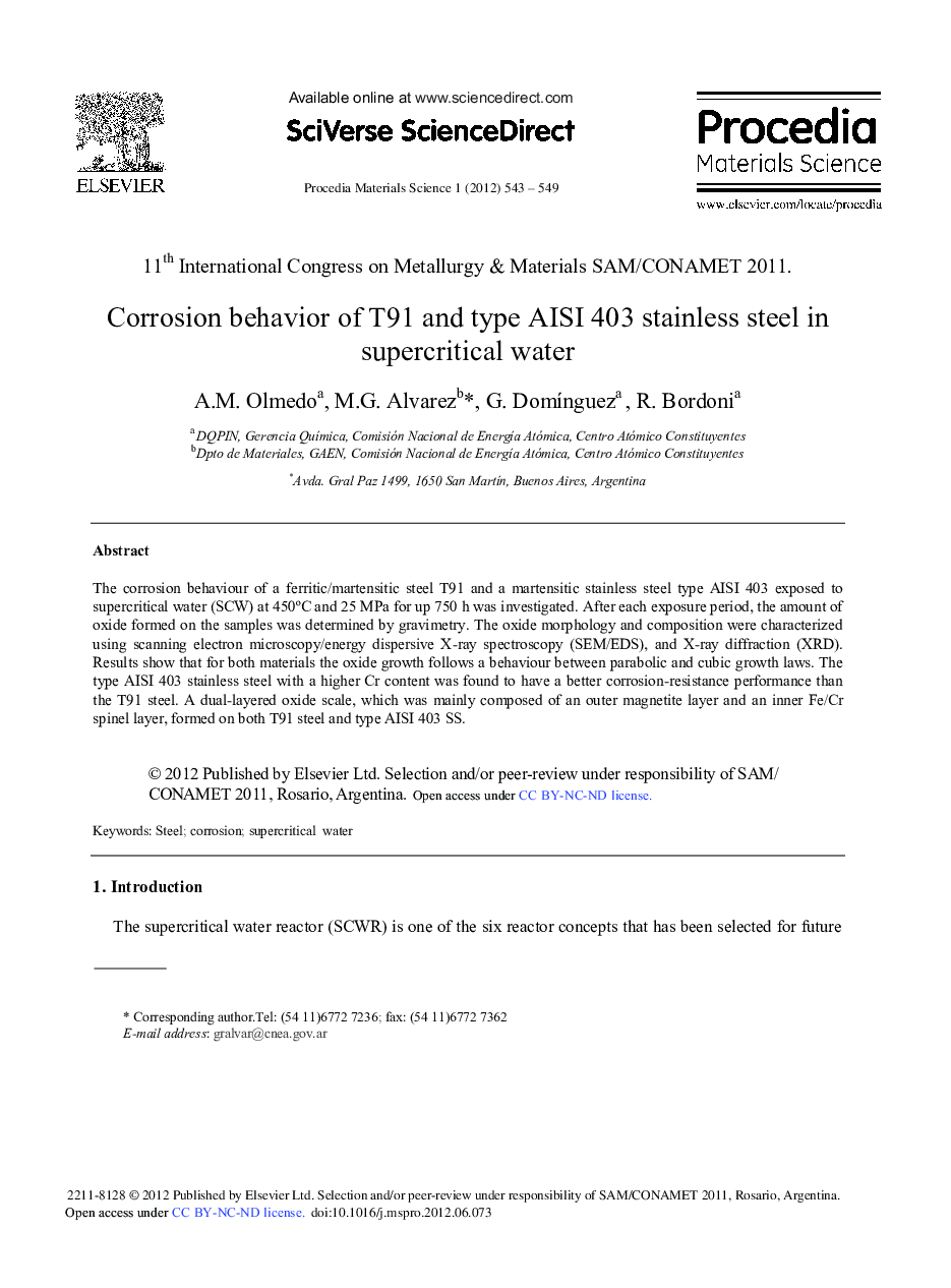 عکس صفحه اول مقاله: Corrosion Behavior of T91 and Type AISI 403 Stainless Steel in Supercritical Water Corrosion Behavior of T91 and Type AISI 403 Stainless Steel in Supercritical Water