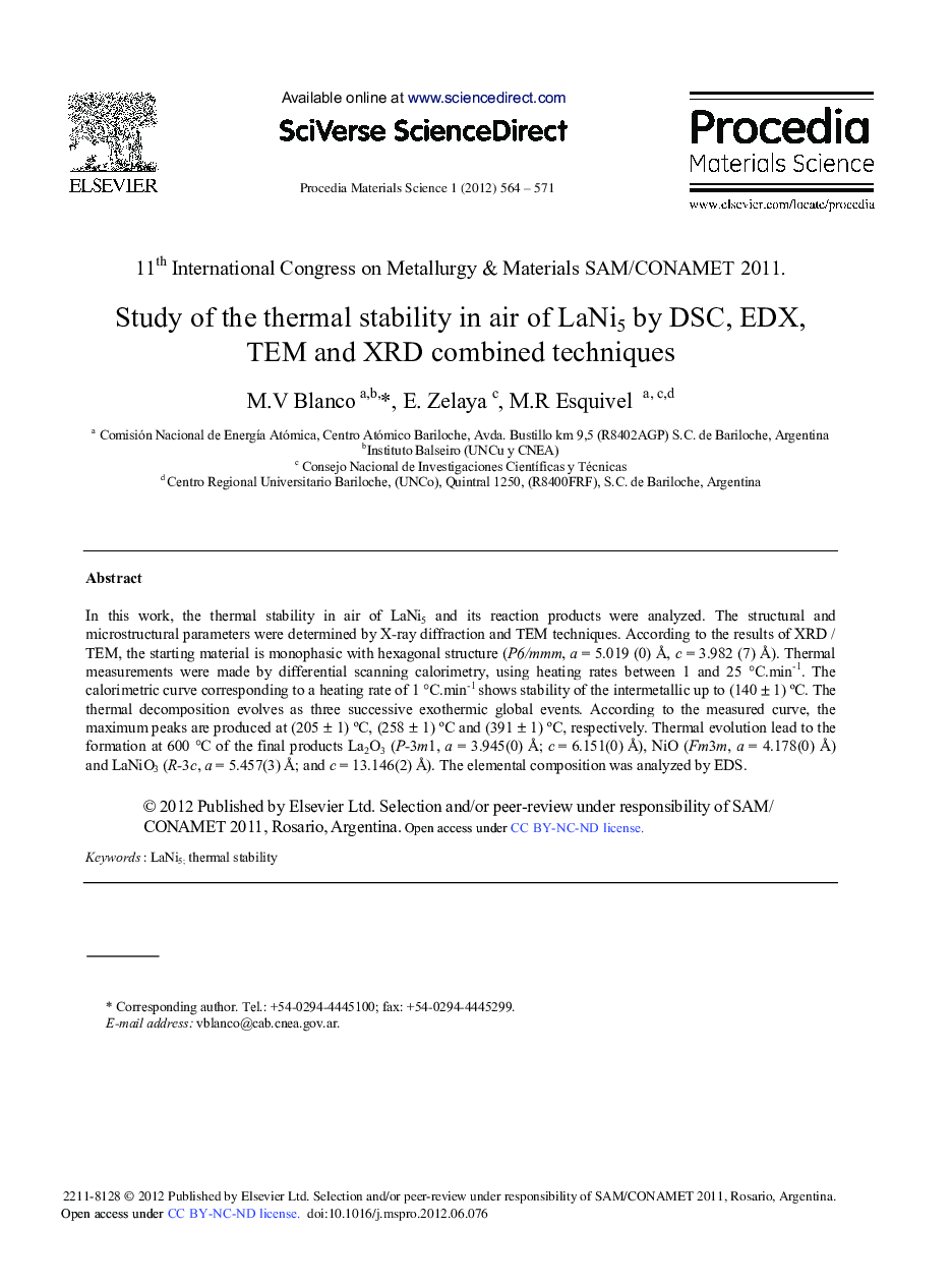 Study of the Thermal Stability in Air of LaNi5 by DSC, EDX, TEM and XRD Combined Techniques