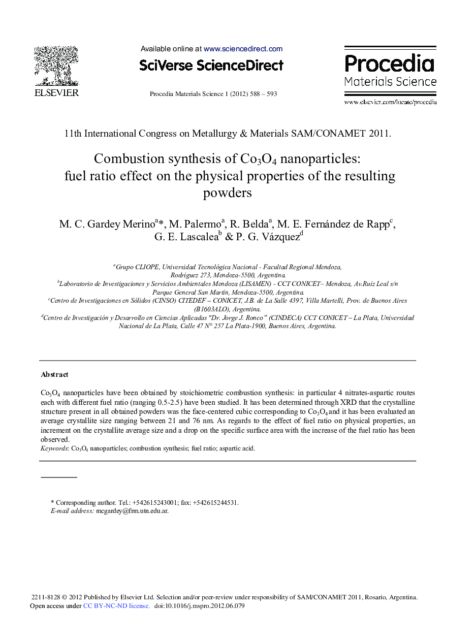 عکس صفحه اول مقاله: Combustion Synthesis of Co3O4 Nanoparticles: Fuel Ratio Effect on the Physical Properties of the Resulting Powders Combustion Synthesis of Co3O4 Nanoparticles: Fuel Ratio Effect on the Physical Properties of the Resulting Powders
