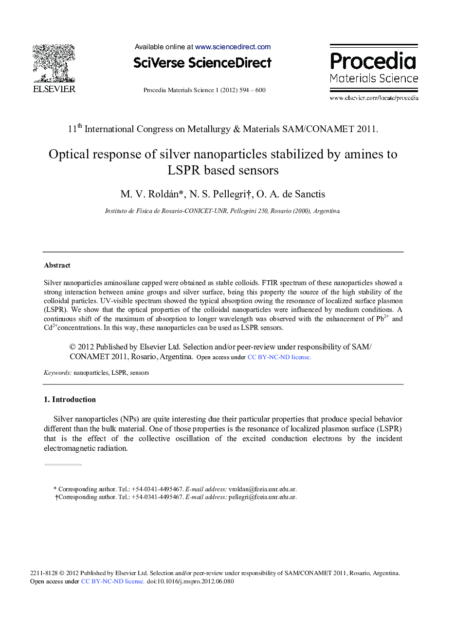 عکس صفحه اول مقاله: Optical Response of Silver Nanoparticles Stabilized by Amines to LSPR based Sensors Optical Response of Silver Nanoparticles Stabilized by Amines to LSPR based Sensors