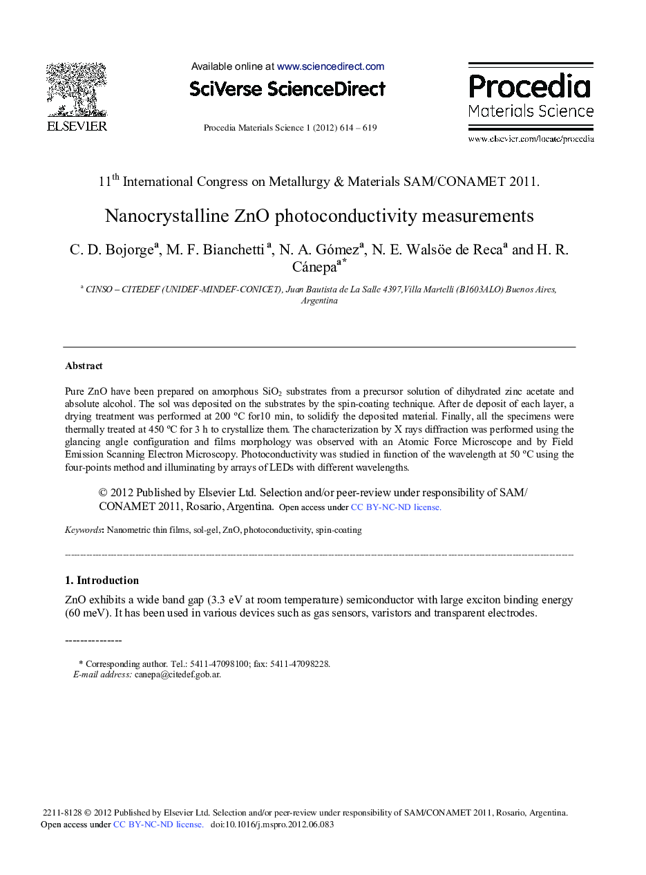 Nanocrystalline ZnO Photoconductivity Measurements