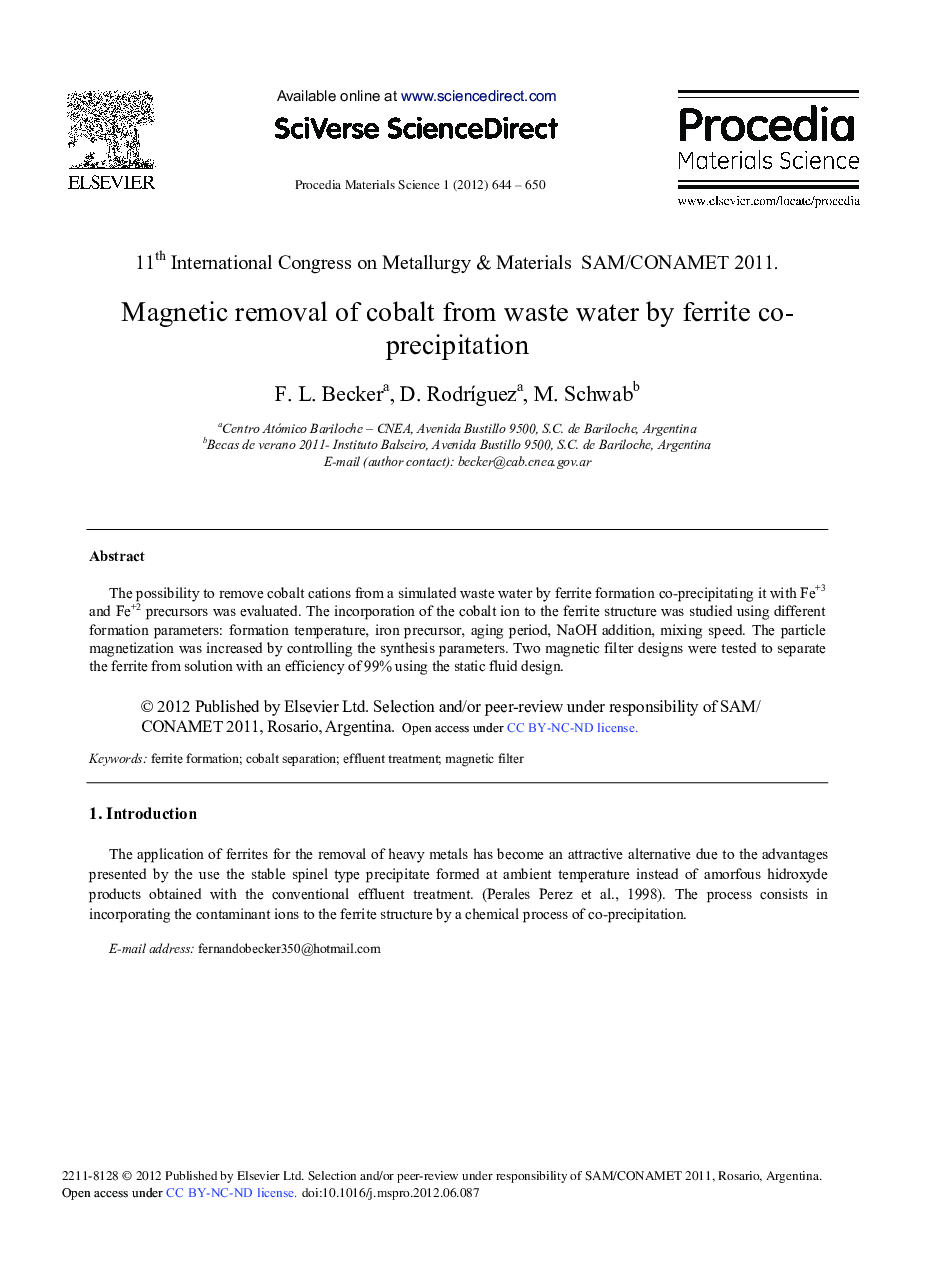Magnetic Removal of Cobalt from Waste Water by Ferrite Co-precipitation