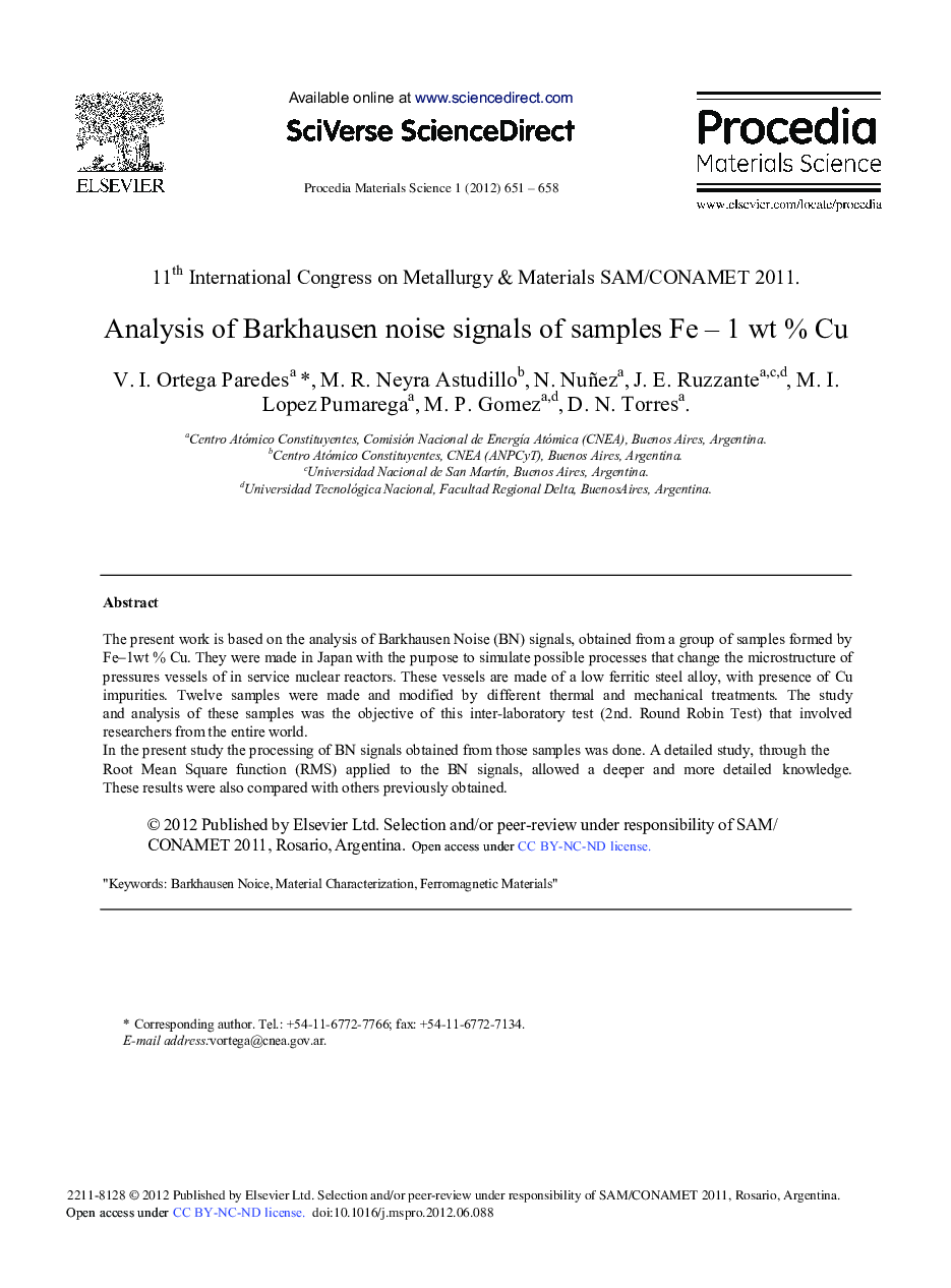 Analysis of Barkhausen Noise Signals of Samples Fe–1 wt % Cu