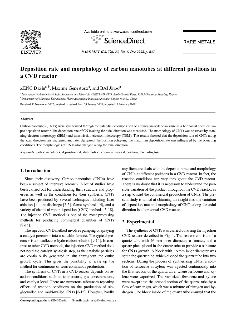 عکس صفحه اول مقاله: Deposition rate and morphology of carbon nanotubes at different positions in a CVD reactor Deposition rate and morphology of carbon nanotubes at different positions in a CVD reactor