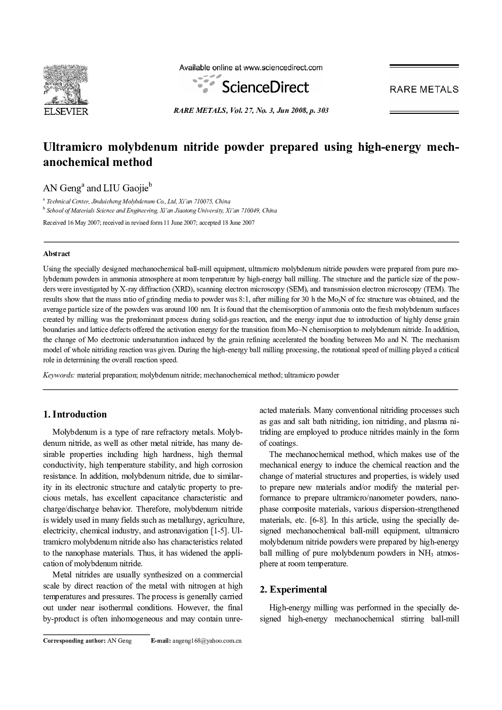 Ultramicro molybdenum nitride powder prepared using high-energy mechanochemical method