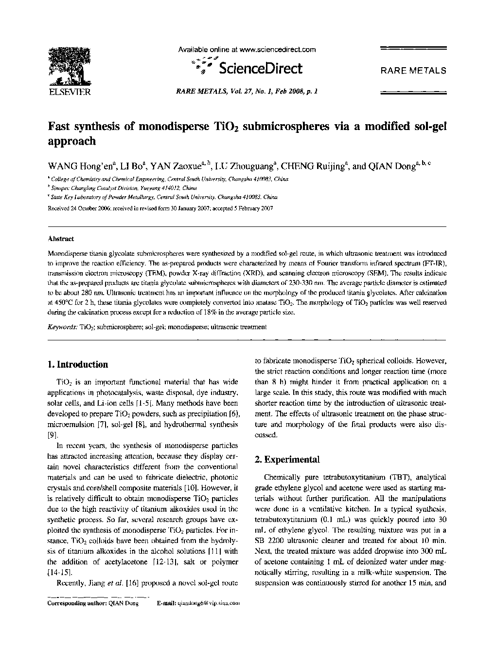 Fast synthesis of monodisperse TiO2 submicrospheres via a modified sol-gel approach