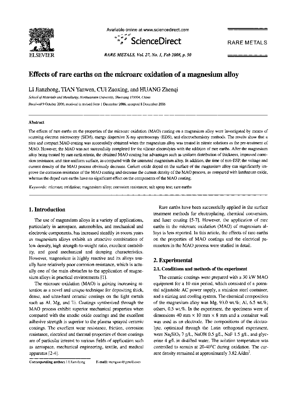 Effects of rare earths on the microarc oxidation of a magnesium alloy