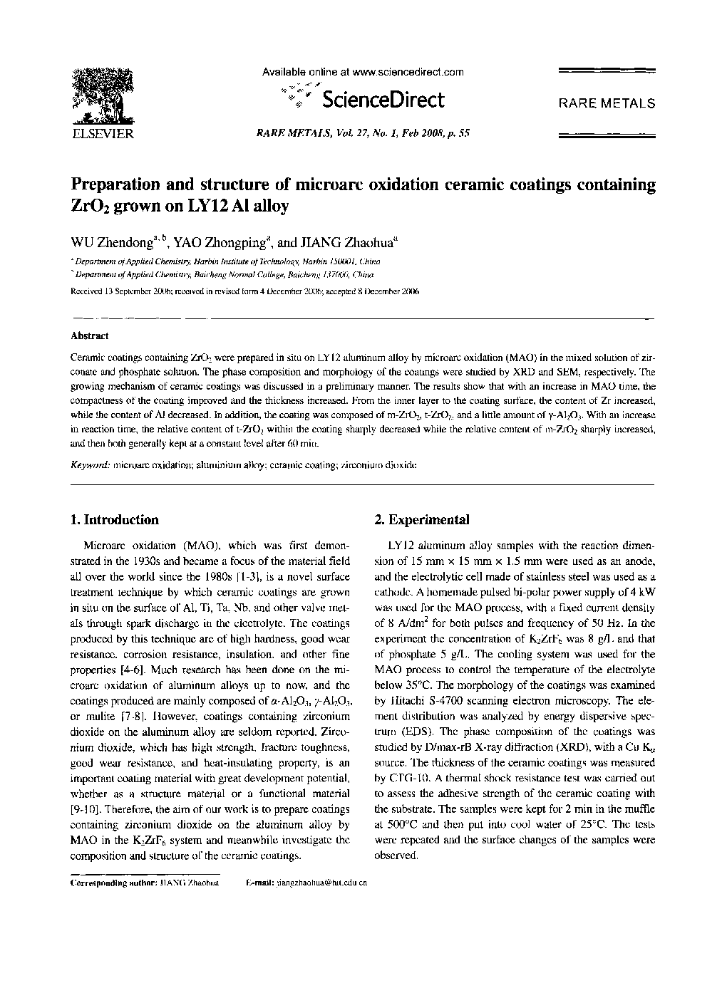 Preparation and structure of microarc oxidation ceramic coatings containing ZrO2 grown on LY12 Al alloy