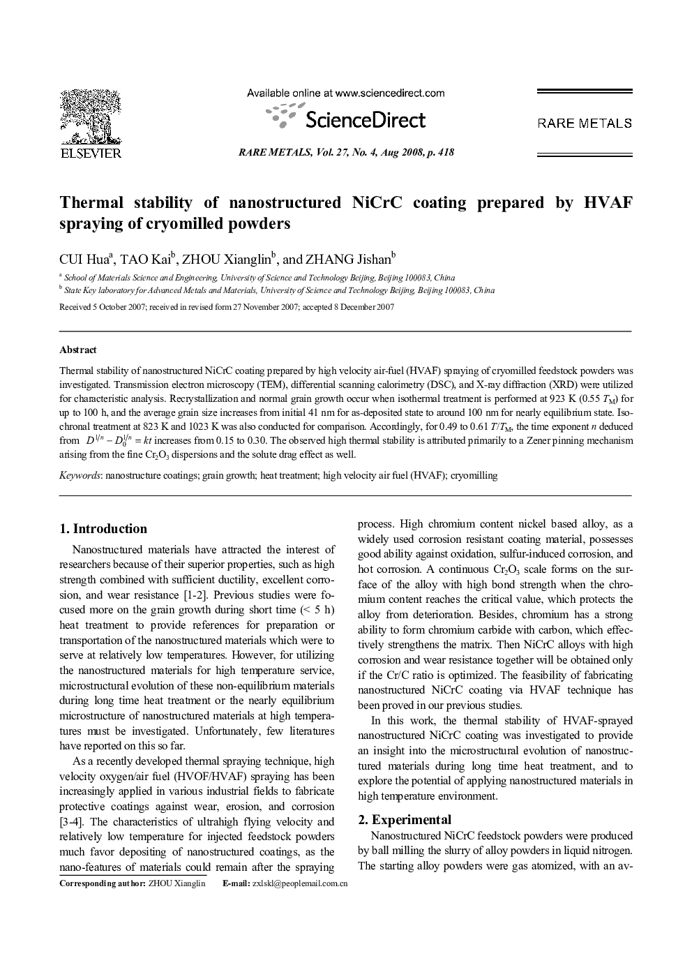 Thermal stability of nanostructured NiCrC coating prepared by HVAF spraying of cryomilled powders