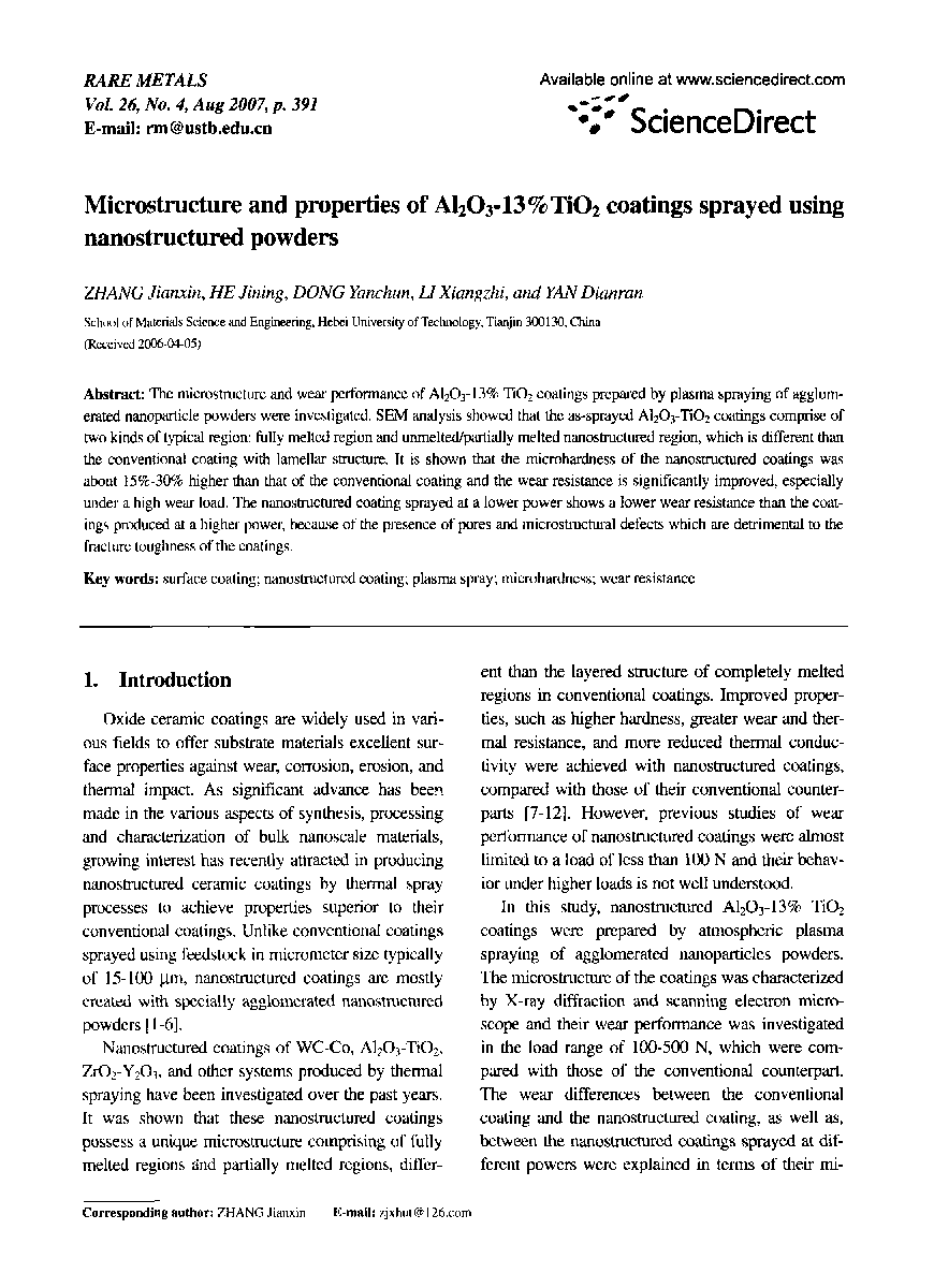 Microstructure and properties of Al2O3-13%TiO2 coatings sprayed using nanostructured powders