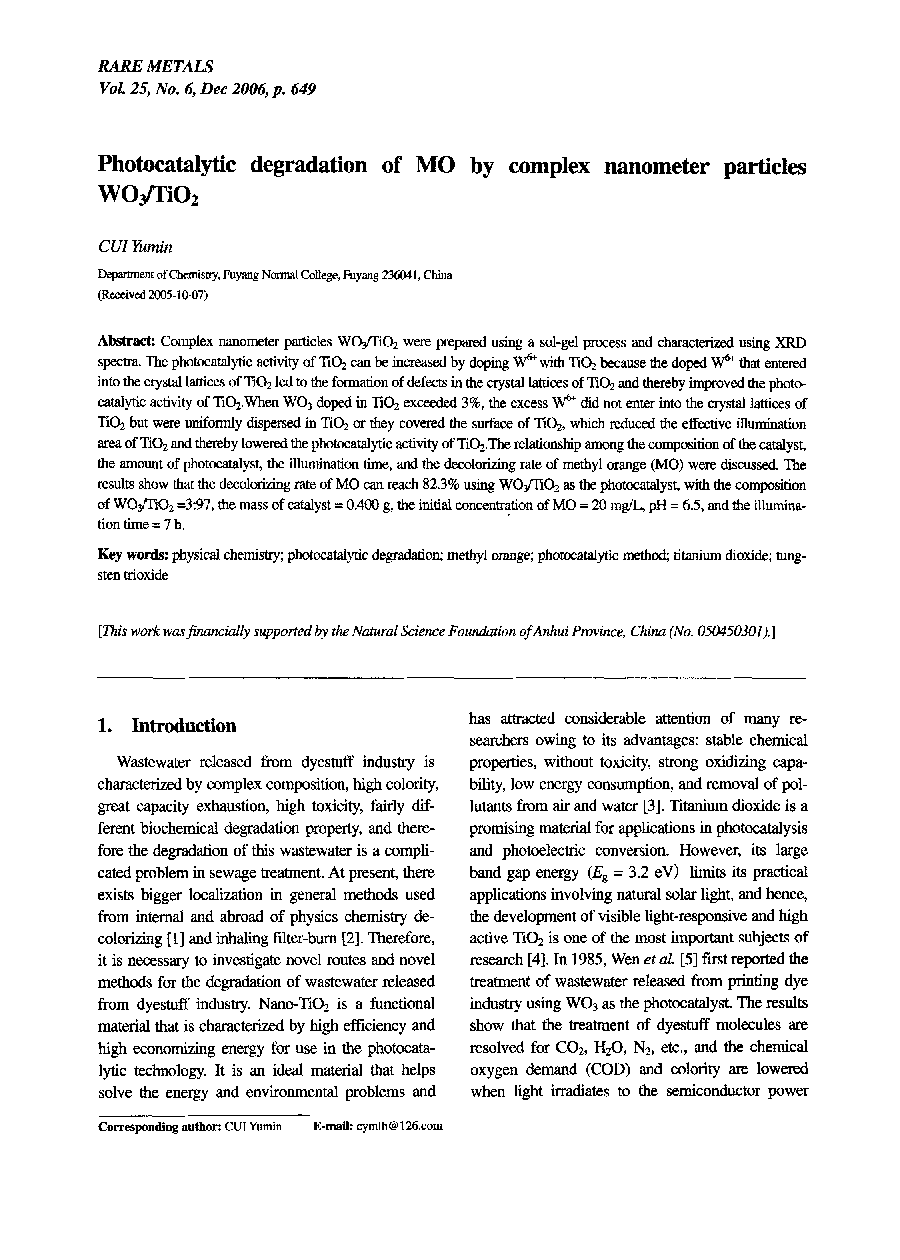 Photocatalytic degradation of MO by complex nanometer particles WO3/TiO2