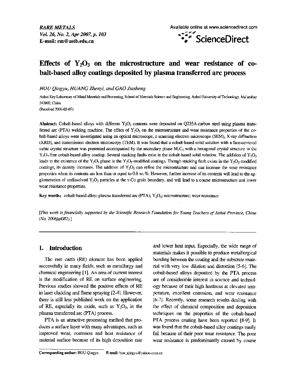 Effects of Y2O3 on the microstructure and wear resistance of cobalt-based alloy coatings deposited by plasma transferred arc process