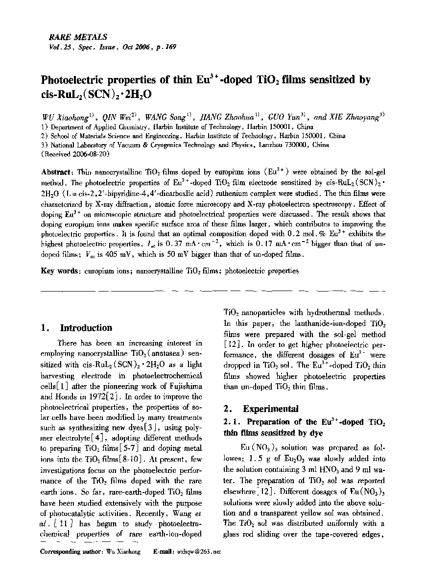 Photoelectric properties of thin Eu3+-doped TiO2 films sensitized by cis-RuL2(SCN)2Â·2H2O