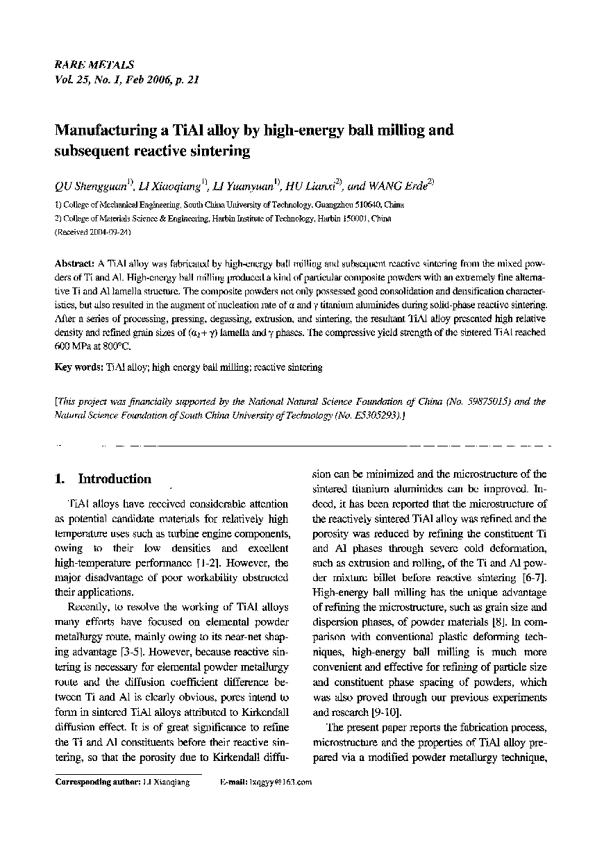 Manufacturing a TiAl alloy by high-energy ball milling and subsequent reactive sintering