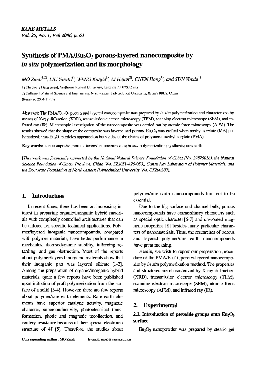 عکس صفحه اول مقاله: Synthesis of PMA/Eu2O3 porous-layered nanocomposite by in situ polymerization and its morphology Synthesis of PMA/Eu2O3 porous-layered nanocomposite by in situ polymerization and its morphology