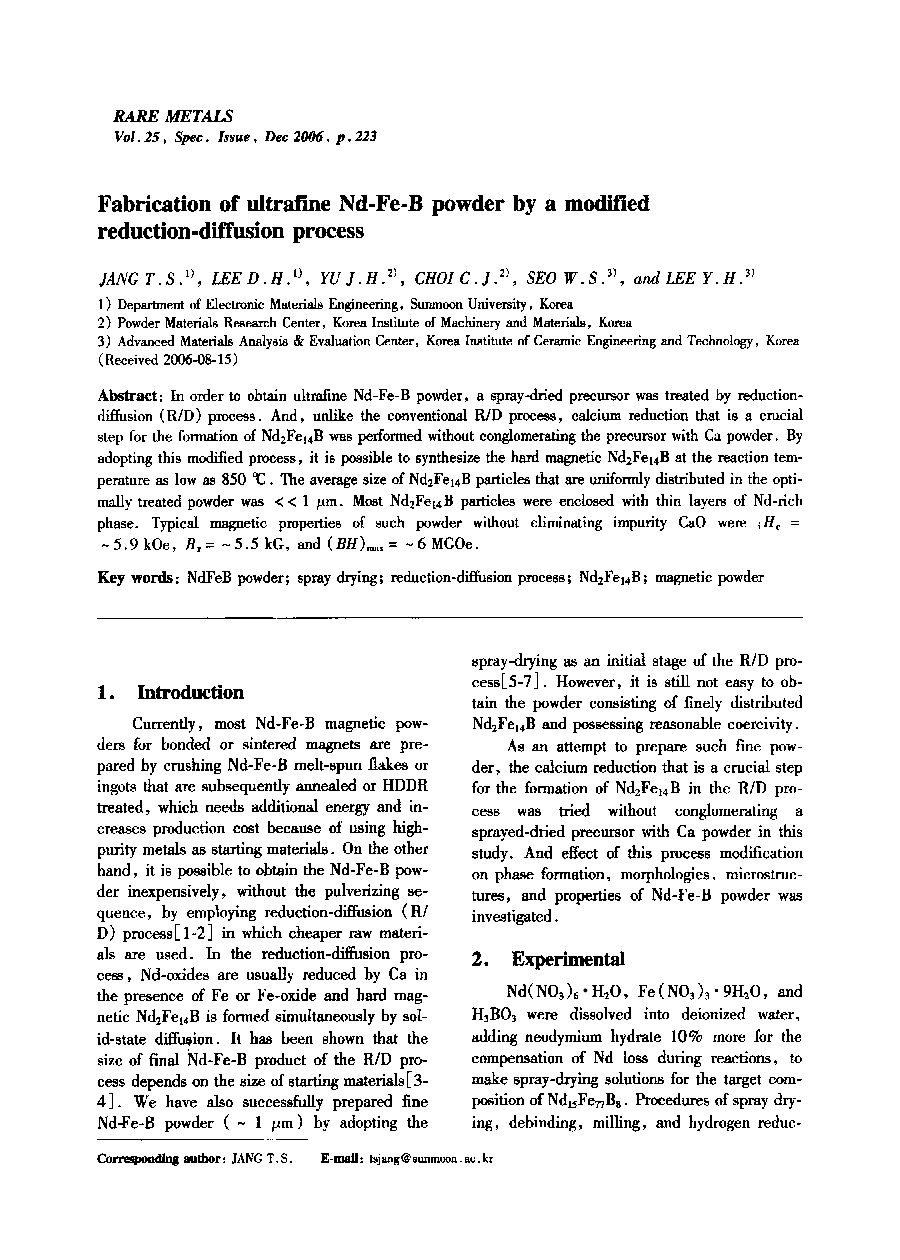 Fabrication of ultrafine Nd-Fe-B powder by a modified reduction-diffusion process