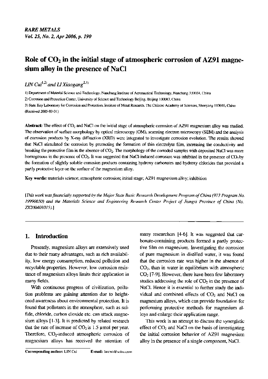 Role of CO2 in the initial stage of atmospheric corrosion of AZ91 magnesium alloy in the presence of NaCl