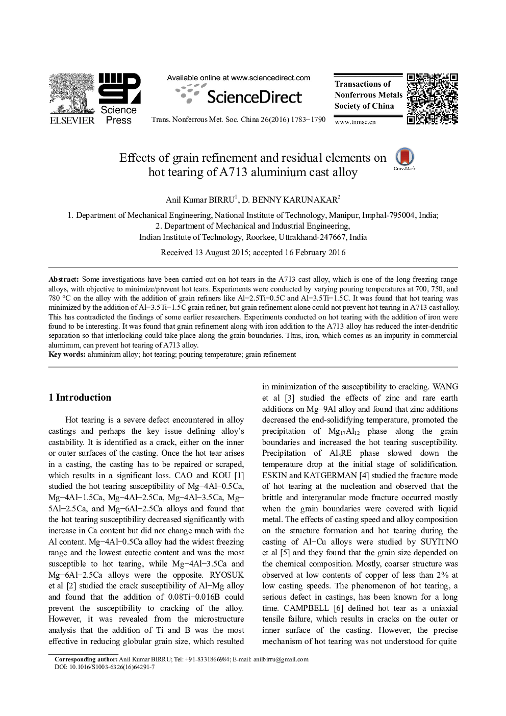 Effects of grain refinement and residual elements on hot tearing of A713 aluminium cast alloy