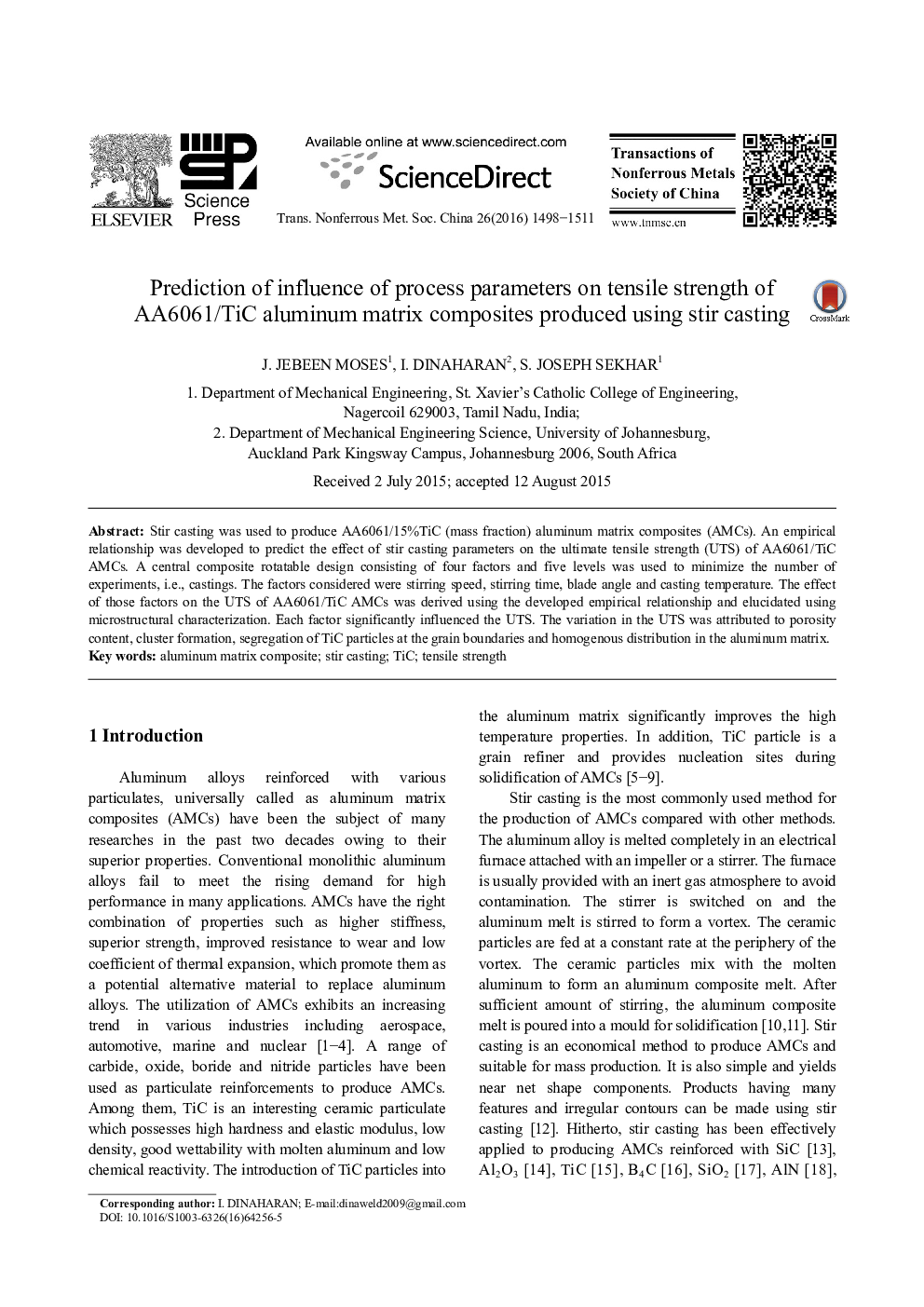 Prediction of influence of process parameters on tensile strength of AA6061/TiC aluminum matrix composites produced using stir casting