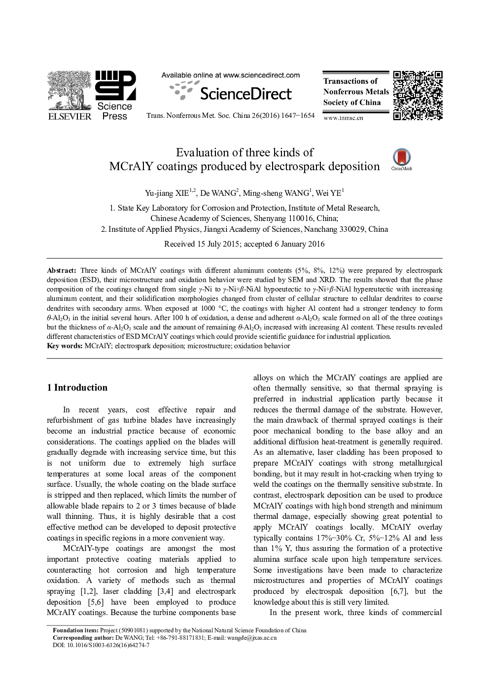 Evaluation of three kinds of MCrAlY coatings produced by electrospark deposition 