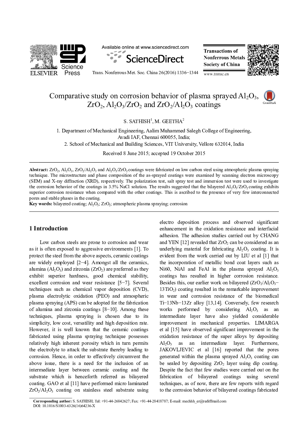 Comparative study on corrosion behavior of plasma sprayed Al2O3, ZrO2, Al2O3/ZrO2 and ZrO2/Al2O3 coatings