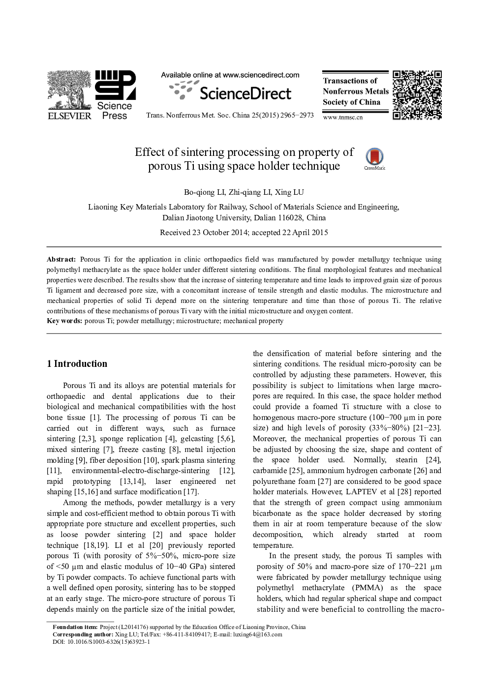 Effect of sintering processing on property of porous Ti using space holder technique 