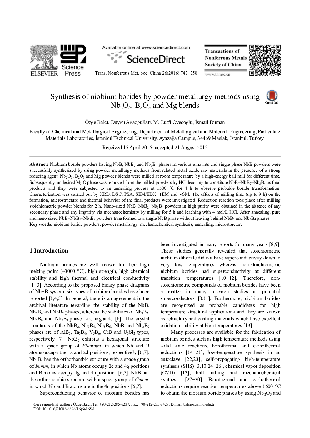 Synthesis of niobium borides by powder metallurgy methods using Nb2O5, B2O3 and Mg blends