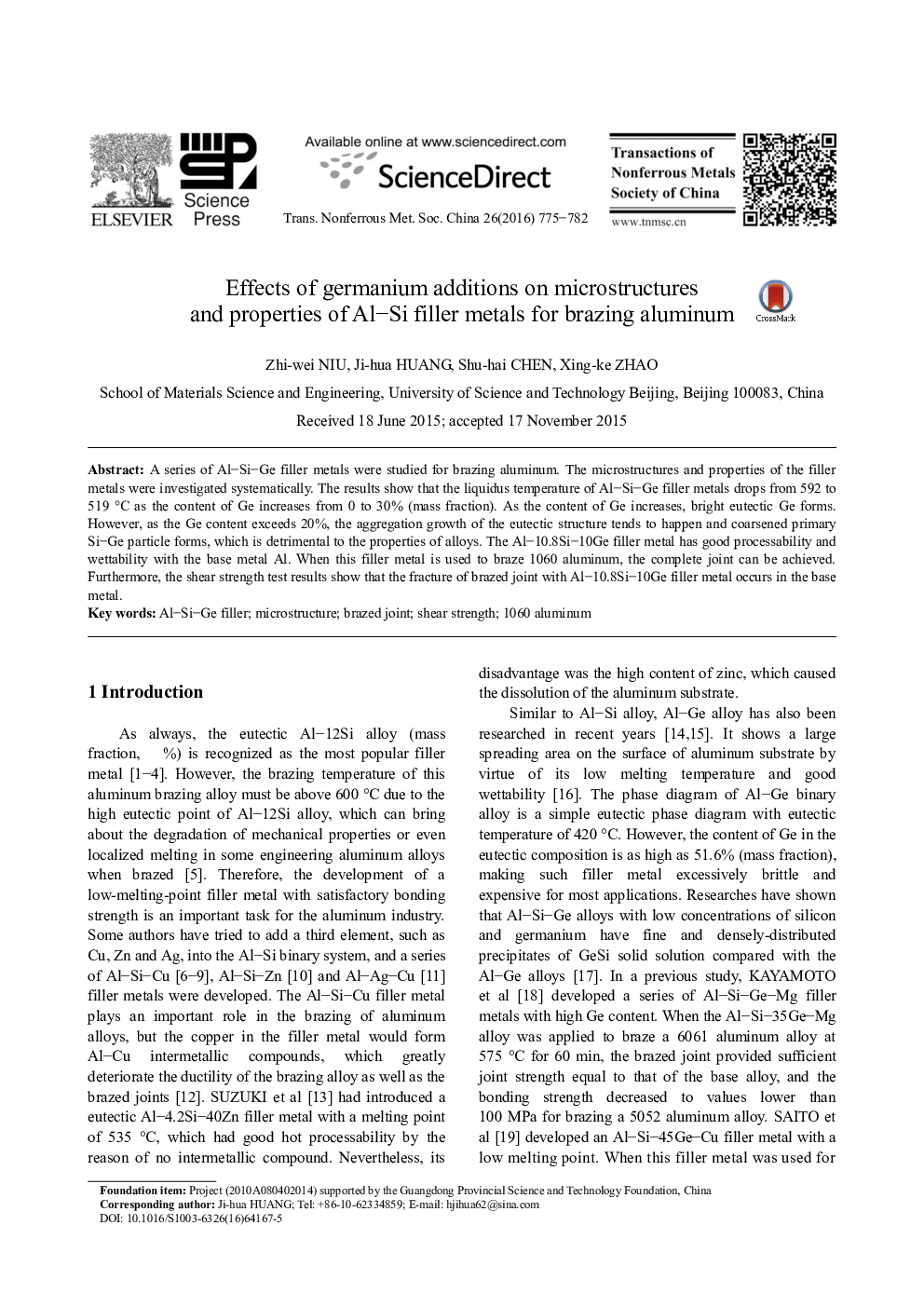 Effects of germanium additions on microstructures and properties of Al–Si filler metals for brazing aluminum 