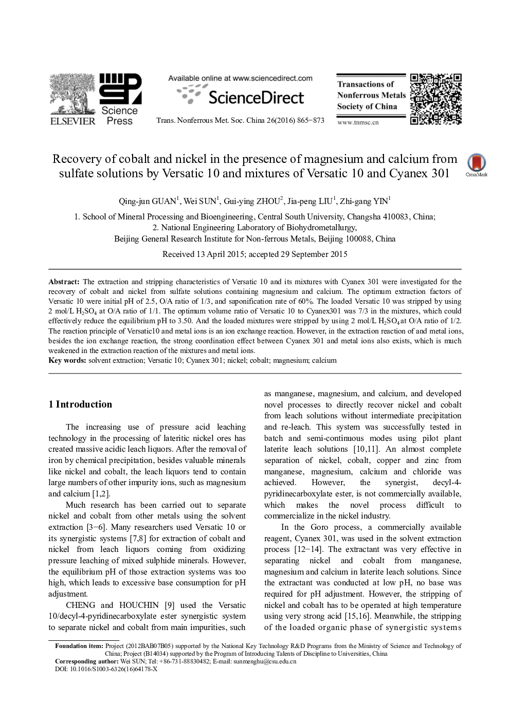 Recovery of cobalt and nickel in the presence of magnesium and calcium from sulfate solutions by Versatic 10 and mixtures of Versatic 10 and Cyanex 301 